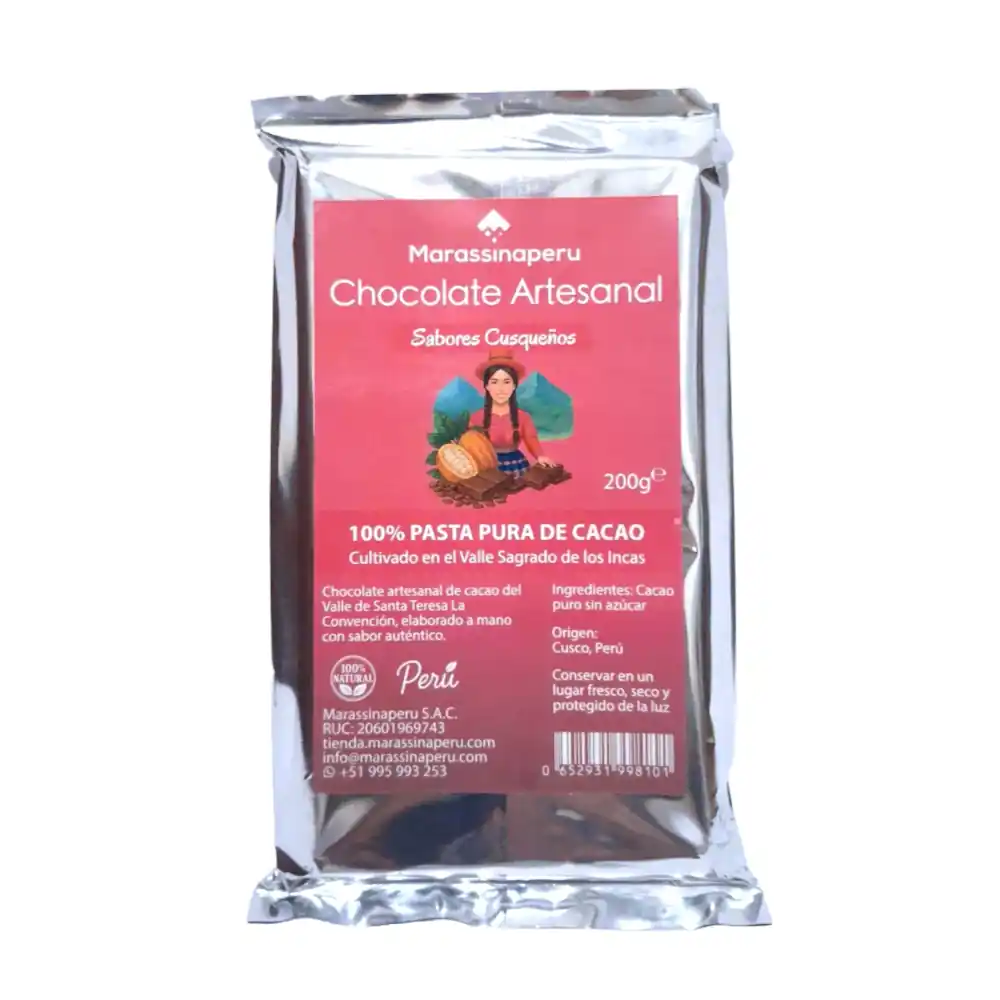 Chocolate pura de Cocao Natural 200g - Marassinaperu